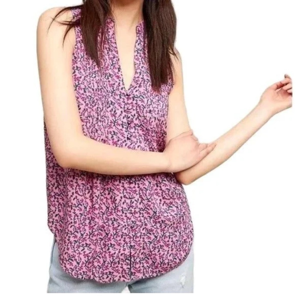 Anthropologie Maeve pink floral tunic button down tank top size L